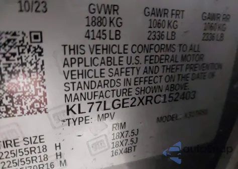 2024 Chevrolet Trax Fwd 1Rs from USA, damaged, VIN KL77LGE2XRC152403